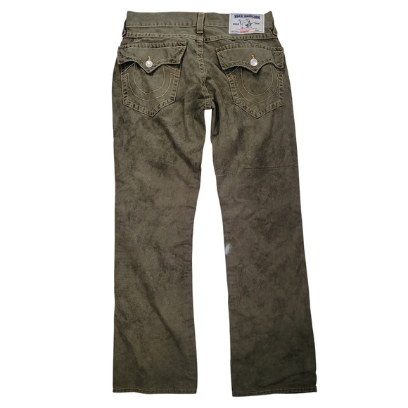 True Religion Olive Acid Wash Section Straight Flap Pocket Jeans 33 Grunge Indie